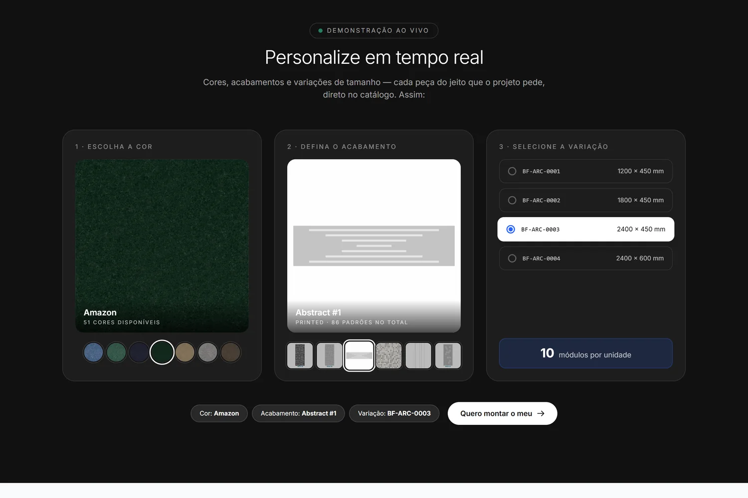 Demonstração ao vivo do configurador na página de entrada