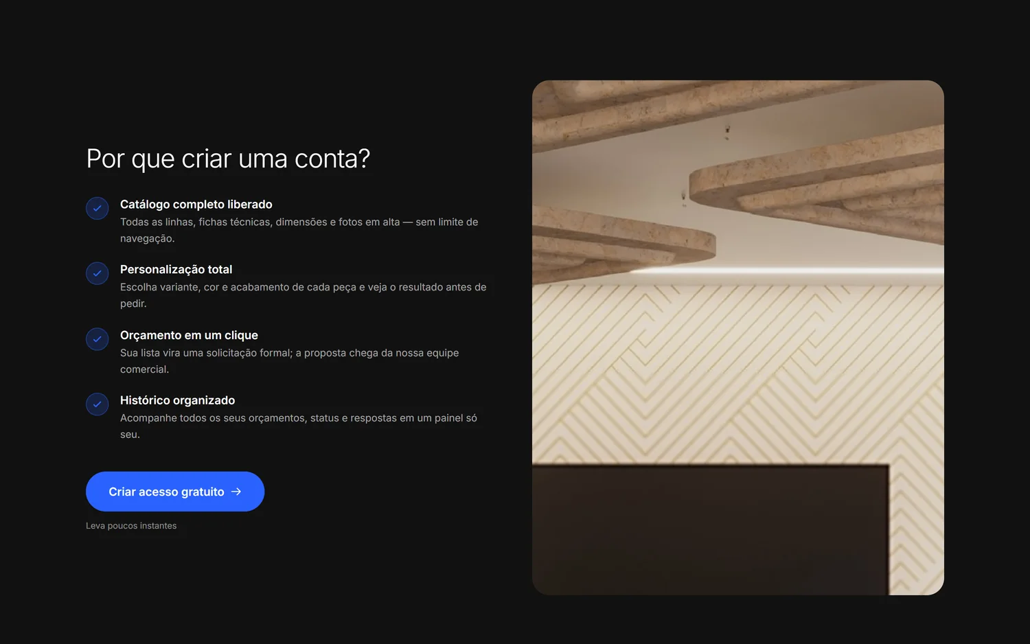 Seção da página de entrada que explica os benefícios da conta