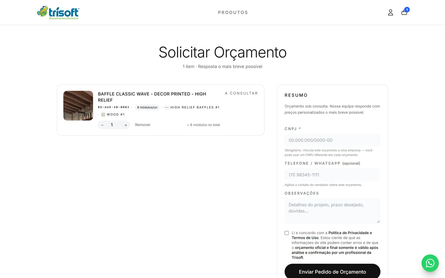 Tela de solicitação de orçamento com CNPJ e observações